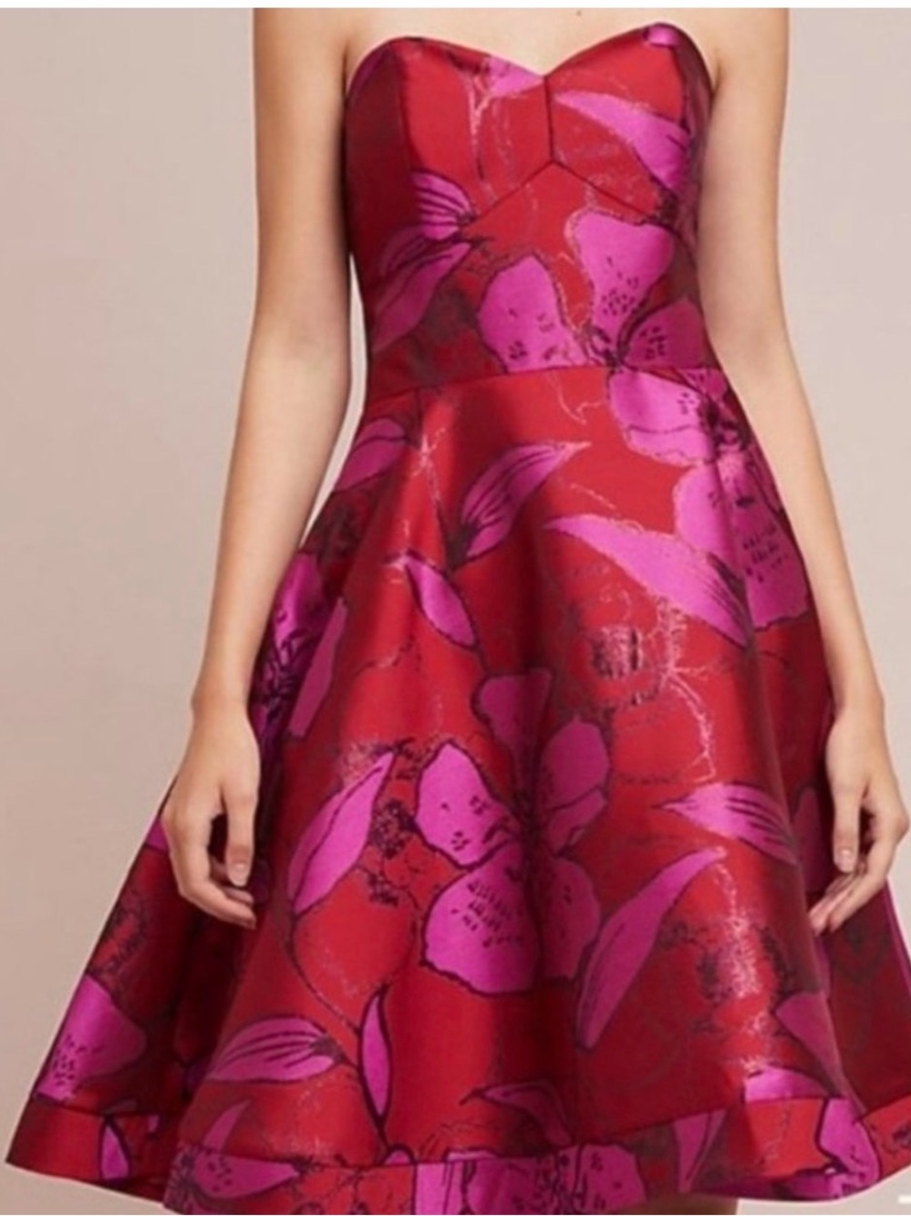 Shoshanna Midnight Strapless Red and Pink Floral Fit-and-Flare Dress